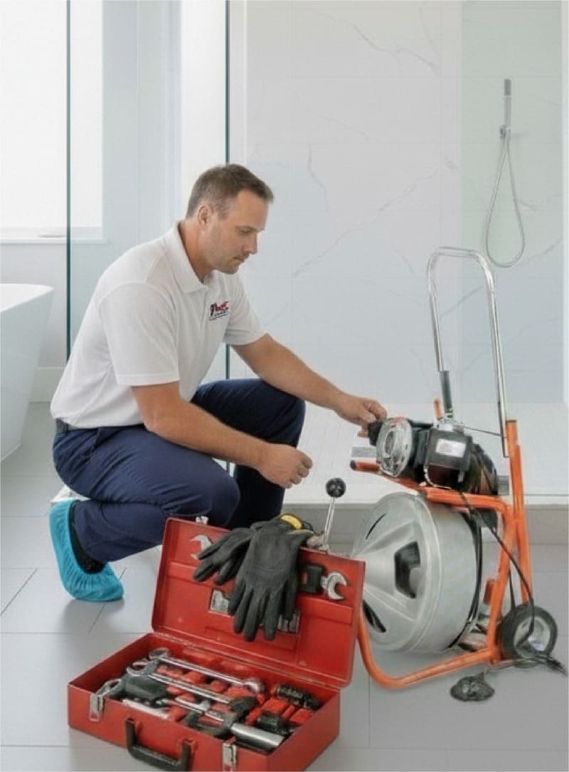 Drain cleaning technician unclogging a master bathroom shower drain