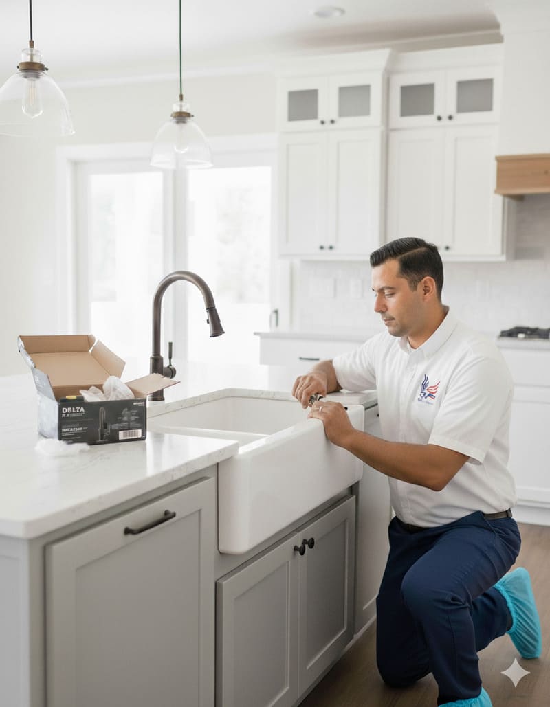 Experienced technician installing beautiful new kitchen faucet