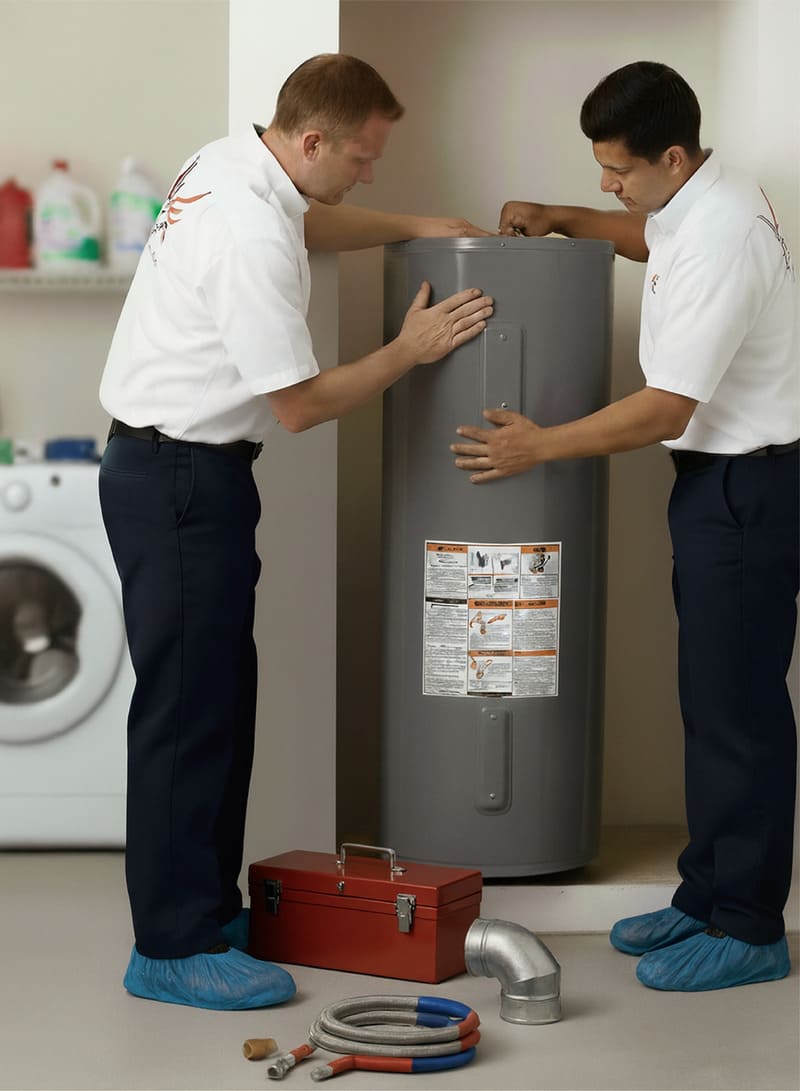 Professional technicians installing a new hot water heater