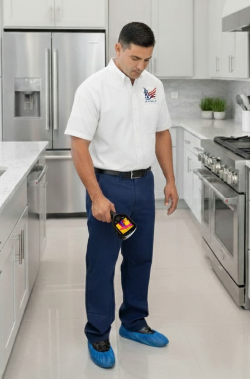 Trained leak detection expert scanning floor for hot spots and moisture